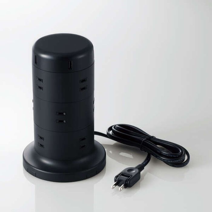 Rakuten - 【代引不可】電源タップ 12個口 タワー型 USBタップ 2.0m USB-Aポート付 5ポート リビング オフィス ブラック エレコム TT-U02-1220BK