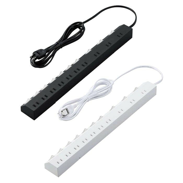 SEARCH WORD：コード 電源 コンセント タップ コードタップ 電源タップ コンセントタップ 2ピン式 10個口 2.5m 個別スイッチ付 絶縁スリーブ装備 スイングプラグ 黒 ブラック black 白 ホワイト white商品概要：差込口毎にON/OFF切り替えができ、待機電力を節約できる個別スイッチ付きの2ピン式10個口タップです。個別スイッチは大きめのACアダプターなどを接続しても干渉しにくい斜め配置となっています。脚パーツを展開することで重いACアダプターなどを接続した際もタップが横転しにくくなります。脚パーツには直径10mmの吊り穴と直径5mmのネジ固定穴、底面には十字型のダルマ穴を備えており、付属のタッピングネジで壁などに吊ったり、固定して利用できます。大きなACアダプターなどでも利用しやすいよう、片端の連続する3個口は隣り合う差込口との中間距離が57mmと大きめに離した配置となっています。差込口にプラグが差し込まれていない場合にホコリの侵入を防止する「ホコリ防止シャッター」を装備しています。差込口には耐熱性に優れた熱硬化性樹脂を使用しており、万一の発熱の際にも融解しにくく、電気火災の防止に有効です。誘導雷による最大12500Vまで(JEC210/212規格に基づく数値)の雷サージを吸収する素子(バリスタ)を搭載し、接続機器を保護します。※受けた電圧や回数により性能は劣化します。電源コードには一般社団法人日本配線システム工業会規格(JWDS0010)に適合した二重被ふくコードを採用しており、断線や被ふく破れによる感電・火災の防止に有効です。2ピン式プラグはトラッキング現象による火災の防止に有効な絶縁スリーブを装備しています。狭い場所でも配線しやすい180°スイングプラグを採用しています。商品仕様：■メーカー：エレコム■JANコード：4549550211444■商品名：コードタップ 2ピン式 10個口 2.5m 個別スイッチ付 電源タップ コンセントタップ 絶縁スリーブ装備 スイングプラグ ブラック■型番：T-K7A-21025BK■本体差込口形状：2ピン■本体差込口個数：10個口■プラグ仕様：2ピン■コード長：2.5m■定格：125V/15A/1500Wまで■スイッチ：○(個別スイッチ)■雷ガード：○■ほこりシャッター：○■絶縁キャップ付きプラグ：○■二重被ふく：○■スイングプラグ：○■固定方法：吊り穴(φ10mm)やネジ固定穴(φ5mm)を利用した固定が可能。■材質：本体 ABS樹脂、プラグ PVC、差込口 ユリア樹脂■外形寸法：幅462mm×奥行53mm×高さ38mm　※コード部分及びプラグ部分を除く / 質量 約665g■使用可能地域：日本国内専用■電気用品安全法：PSE適合■保証期間：1年■付属品：固定用タッピングネジ(M3.5×20)×3本 / その他 転倒を防止する回転脚搭載。■カラー：ブラック※商品概要、仕様、サービス内容及び企業情報などは商品発表時点のものです。※最新の情報に関しましては、メーカーサイトをご覧ください。※発売前予約商品についてはメーカーの商品製造数により納期が遅れる場合やご注文キャンセルをお願いする場合がございます。