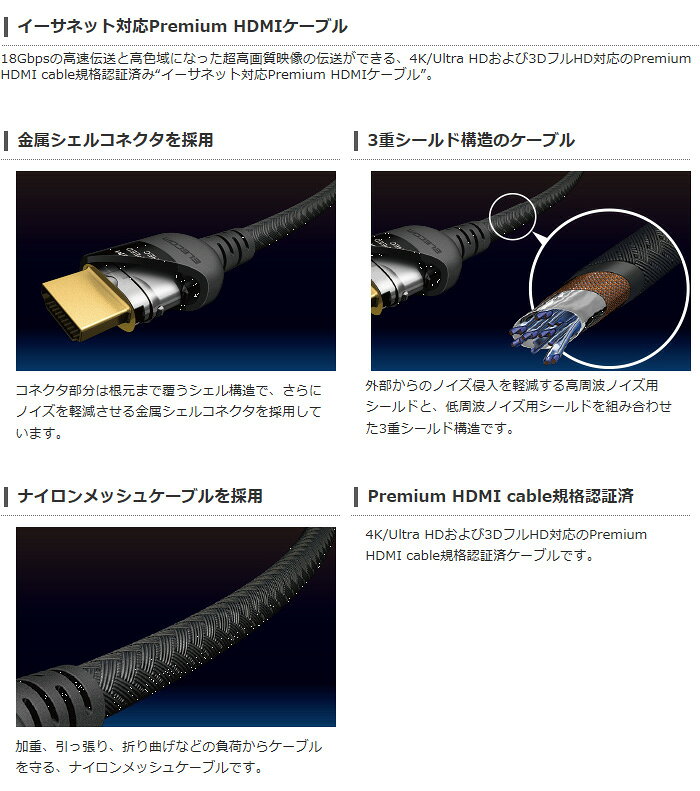 ������Բġۥ������ͥå��б� Premium HDMI�����֥� 4K/UltraHD/Blu-ray�˺�Ŭ 18Gbps�ι�®���� �������ͥå��б� 2.0m ���쥳�� DH-HDP14E20BK