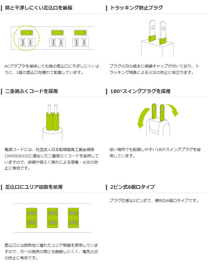 【代引不可】ほこり防止シャッター付 省エネタップ 2ピン式6個口タイプ 1m エレコム T-E6A-2610WH