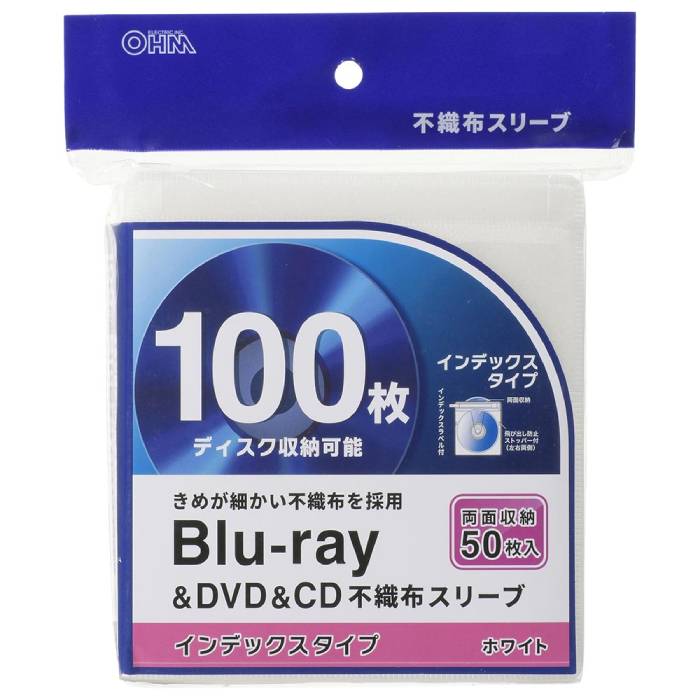 SEARCH WORD：OHM ディスクスリーブ 不織布 50枚 ディスク ケース ブルーレイ Blu-ray DVD CD 商品概要：●Blu-rayやDVDやCDを収納できる不織布スリーブ。 ●きめが細かい不織布を採用。 ●両面収納タイプ50枚入で、ディスク100枚収納可能。 ●インデックスタイプ（インデックスラベル付き）。 ●飛び出し防止ストッパー付（左右両側）。 ●カラーはホワイト商品仕様：■メーカー：OHM■JANコード：4971275172081■商品名：BDスリーブ 不織布 両面収納タイプ50枚入 ホワイト ■型番：OA-RBR100B-W■ご注意事項：※商品画像はイメージです。色の濃淡は現物と異なる場合がございます。商品の色、配色、デザイン、仕様などは予告なく変更となる場合がございます。ご了承下さい。※商品概要、仕様、サービス内容及び企業情報などは商品発表時点のものです。※最新の情報に関しましては、メーカーサイトをご覧ください。※発売前予約商品についてはメーカーの商品製造数により納期が遅れる場合やご注文キャンセルをお願いする場合がございます。