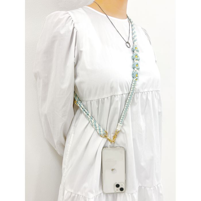 【即日出荷】NEWT ショルダーストラップ 花編み 水色×ホワイト スマホ アクセサリー サンクレスト iSB-ST56