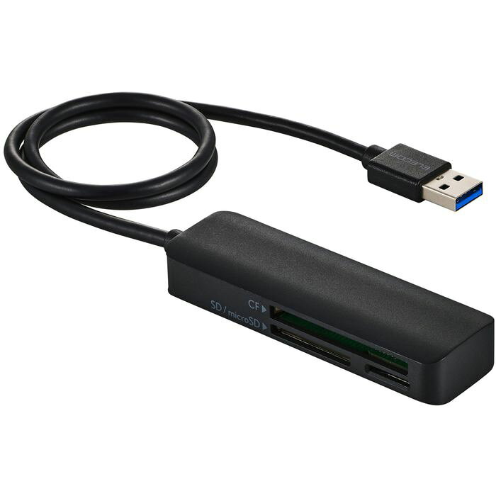 SEARCH WORD：ELECOM エレコム 外付け カードリーダー 4549550415439 MR3-C30BK メモリリーダ/USB-Aコネクタ//USB 5Gbps/UHS-I/SD+microSD/コンパクトフラッシュ/ケーブル長50cm/ブラック商品概要：撮影データの転送をもっと速く快適に!パソコンへの接続に便利なUSB-Aプラグのケーブル付きメモリーカードリーダーです。SDカード、microSDカード、コンパクトフラッシュの3スロットを搭載し、デジタルカメラやアクションカメラの撮影データをパソコンへ転送可能。画像・映像データの編集やSNSへのアップロードに便利です。商品仕様：■メーカー：エレコム■JANコード：4549550415439■商品名：メモリリーダ USB-Aコネクタ USB 5Gbps UHS-I SD+microSD コンパクトフラッシュ ケーブル長50cm ブラック■型番：MR3-C30BK■特徴：◯SDカード、microSDカード、コンパクトフラッシュの3つのスロットを搭載しています。デジタルカメラやアクションカメラの撮影データをパソコンに取り込めるので、画像・映像データの編集やSNSへのアップロードに便利です。 ◯パソコンと接続する際、SDカード・microSDカードの2つのスロットはどちらもUHS-I(最大104MB/s)に、コンパクトフラッシュスロットはType I(最大167MB/s)に対応しているので、高解像度写真や大容量動画ファイルなどの高速データ転送が可能です。 ※理論値 ◯UHS-IIおよびSD Express対応カードの読み書きに対応しています。 ◯※読み込み・書き込み時のデータ転送速度はUHS-Iでの速度になります。 ◯※SDカード・microSDカードの同時接続はできません。 ◯専用ドライバーなどのインストール作業が不要で、パソコンのUSBポートに接続するだけですぐに使用可能です。 ◯接続デバイス間で生じやすい相性問題を最小限に抑え、スムーズな操作体験を提供。送受信信号の認証試験にもとづく計測のもと、パソコンとメモリーカードリーダー間で通信するデータ品質を安定させる設計です。 ◯厚み約1.5cmでかばんやポーチなどにすっきり収納でき、持ち運びに便利です。 ◯ケーブル長は約50cmで、取り回しやすい余裕のある長さです。 ◯※著作権保護機能には対応していません。 ◯自社環境認定基準を1つ以上満たし、『THINK ECOLOGY』マークを表示した製品です。 ◯環境への負荷軽減のため、輸送効率を高める設計の外装箱を使用した製品です。 ◯環境保全に取り組み、製品の包装容器の体積を、社内基準製品より20%以上小型化した製品です。 ◯環境保全に取り組み、製品の包装容器が紙・ダンボール・ポリ袋のみで構成されている製品です。 ◯環境保全に取り組み、製品の包装容器におけるプラスチック重量を、社内基準製品より20%以上削減した製品です。■仕様：◯コネクター仕様(アップストリーム)：USB-Aプラグ＜USB 5Gbps(USB3.2(Gen1))/USB2.0/USB1.1＞ ◯スロット数：3 ◯対応SDカード：SD(DS/HS)、SDHC(DS/HS/UHS-I/UHS-II※/SD Express※)、SDXC(DS/HS/UHS-I/UHS-II※/SD Express※) ◯対応microSDカード：microSD(DS/HS)、microSDHC(DS/HS/UHS-I/UHS-II※/SD Express※)、microSDXC(DS/HS/UHS-I/UHS-II※/SD Express※) ◯備考：※読み書き時のデータ転送速度はUHS-Iでの速度になります。 ◯対応コンパクトフラッシュ：Type I ◯最大転送速度：SD・microSDカード:104MB/s、コンパクトフラッシュ:167MB/s ※理論値 ◯対応OS(Windows)：Windows 11/10 ◯対応OS(macOS)：macOS Tahoe 26 ◯対応OS 備考：※各OSの最新バージョンへのアップデートや、サービスパックのインストールが必要になる場合があります。 ◯ケーブル長：約50cm ※コネクター含まず ◯外形寸法：幅約89mm×奥行約28mm×高さ約15mm ◯重量：約52g ◯カラー：ブラック ◯使用温度範囲：5℃～40℃ ◯使用湿度範囲：30%～80% ※結露なきこと ◯保証期間：1年間■カラー：ブラック■ご注意事項：商品画像はイメージです。色の濃淡は現物と異なる場合がございます。商品の色、配色、デザイン、仕様などは予告なく変更となる場合がございます。ご了承下さい。※商品概要、仕様、サービス内容及び企業情報などは商品発表時点のものです。※最新の情報に関しましては、メーカーサイトをご覧ください。※発売前予約商品についてはメーカーの商品製造数により納期が遅れる場合やご注文キャンセルをお願いする場合がございます。