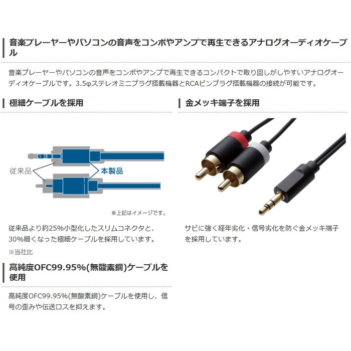 スマホカバー専門店 ドレスマの【代引不可】AUDIOケーブル(3.5φ-RCA×2)(ポータブル音楽プレーヤー→アンプ）　2.0m　ブラック エレコム DH-MWRN20｜アングル3
