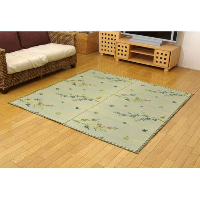 地毯 - 【代引不可】い草 花ござ ござ ラグ カーペット マット 本間2畳 約191x191cm 調湿 消臭 空気浄化 抗菌防臭 青森ヒバ加工 夏用 春夏用 インテリア 模様替え 植物柄 紅葉柄 袋織 嵐山 IKEHIKO 4300212