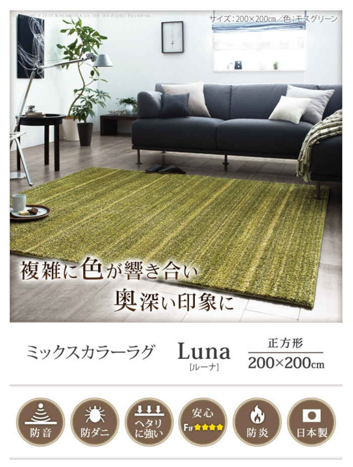 【北海道・沖縄・離島配送不可】【代引不可】ラグ 洗える 防ダニ ミックスカラーラグ 〔ルーナ〕 200×200cm 正方形 2畳 防音 防炎 カーペット ラグマット ウォッシャブル 床暖房 ホットカーペット対応 滑り止め 日本製 ナカムラ 33100248