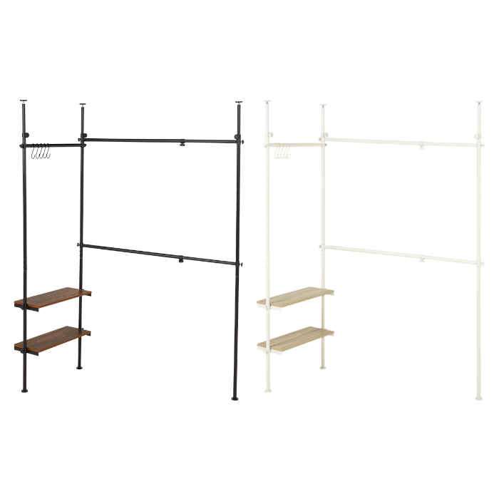 【北海道・沖縄・離島配送不可】【代引不可】突っ張り伸縮ハンガーラック 幅158～198×奥行24×高さ187～264cm スチールパイプ 木目調棚板付き S字フック付き 組立式 HAGIHARA KTR-3141