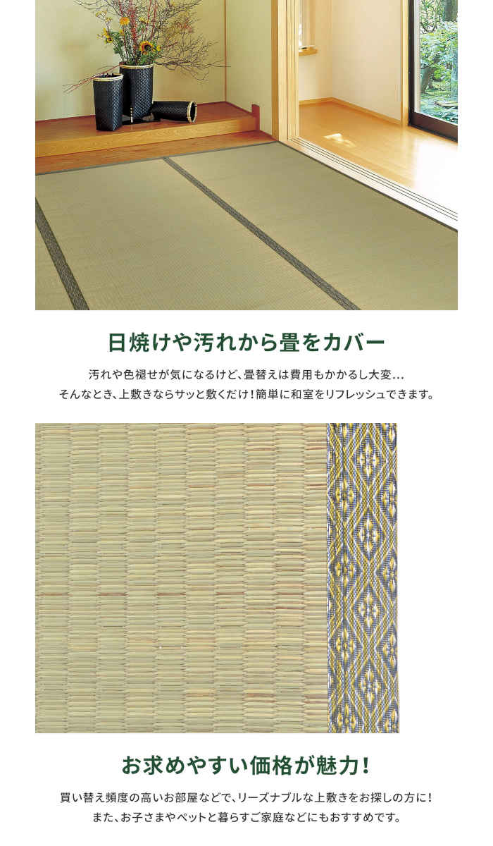 【北海道・沖縄・離島配送不可】【代引不可】い草カーペット 上敷き 江戸間8畳 352×352cm い草100% 双目織 両面使える 四方縁 敷き詰め 抗カビ 消臭 軽量 インテリア 夏用 柳川 HAGIHARA 159064680 [3]