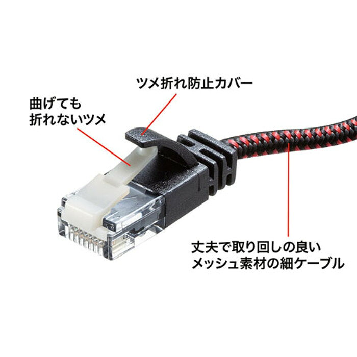 スマホカバー専門店 ドレスマのLANケーブル つめ折れ防止 カテゴリ6A 細径メッシュ CAT6A 10ギガビット完全対応 1m サンワサプライ KB-T6AME-01｜アングル2