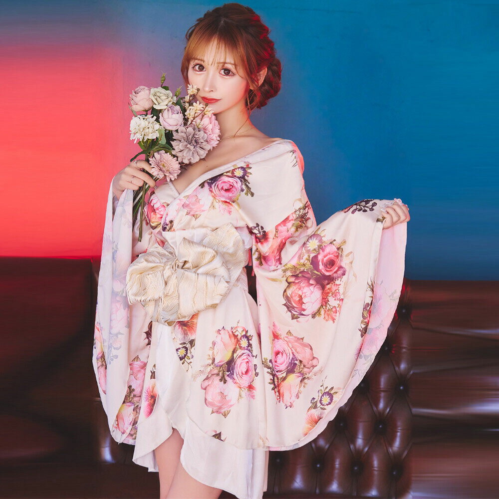 花魁コスプレ 着物コスプレ 着物衣装 ステージ衣装 舞台衣装 芸能人衣装 オフショルダー 胸元魅せ ワンピースタイプ 花柄 花魁 着物ミニドレス[ブラックフライ...