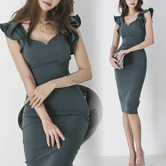 結婚式 ドレス 服装 謝恩会 二次会 ワンピース 卒業パーティー 卒業式 パーティードレス 韓国 結婚式 甘すぎない ラッフルショルダー ノースリーブ タイトグ...