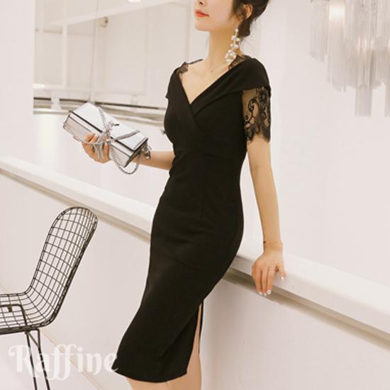 結婚式 ドレス 服装 謝恩会 二次会 ワンピース 卒業パーティー 卒業式 パーティードレス 韓国 結婚式 ブラックフォーマル タイトパーティドレス Vネック 半袖 レース スリット 膝丈 dr0020 かわいい 冬 秋冬 顔合わせ 韓国ワンピース 黒 S M L XL ブラック