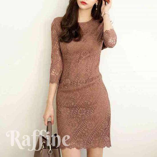 結婚式 ドレス 服装 謝恩会 二次会 ワンピース 卒業パーティー 卒業式 パーティードレス 韓国 ドレス スタイリッシュ 7分袖タイトレース ブラウン 茶色 S...