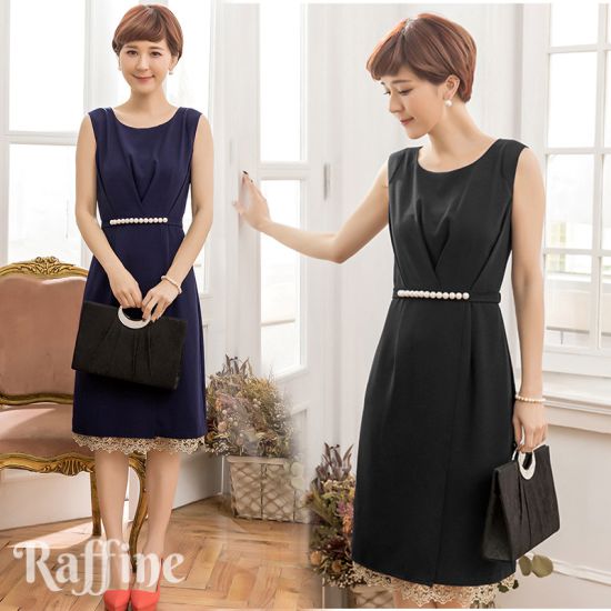 即日発送 結婚式 ドレス 服装 謝恩会 二次会 ワンピース 卒業パーティー 卒業式 パーティードレス 韓国 ノースリーブ 膝丈 パール レース ベージュ 黒 ネ...