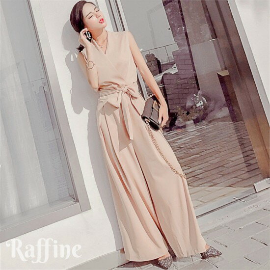 【一部 即日発送】 オールインワン サロペット パンツスーツ パンツドレス ワイドパンツ ジャンプスーツ ノースリーブ カシュクール ウエストリボン 黒 ボルド...