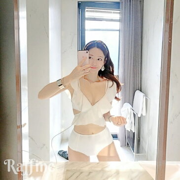 【一部 即日発送】ビキニ 水着 オフショル ラッフル ストラップ有 ピンク ホワイト 体型カバー ハイウエスト M L XL T0053012