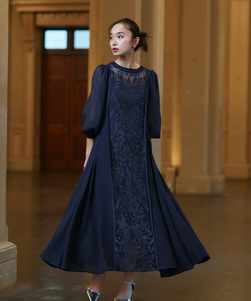 【期間限定★ポイント＆クーポン】【ストレッチ】レディース パーティードレス 結婚式 オケージョンドレス お呼ばれドレス フレアスカート ロングワンピース ボリューム袖 長袖 透け感 華やか きれいめ 高級感 40代 30代 20代 ミセス セレモニー 体型カバー 即日発送 ギフト