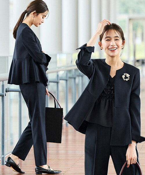 楽天市場】ノーカラーウエストタックペプラムパンツスーツ3点の通販