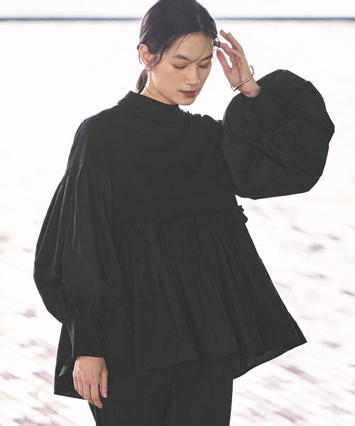 Long-Sleeved - 【バーゲン価格】【洗える】レディース ブラウス 長袖 トップス カットソー フリルブラウス フレア ペプラム オフィスカジュアル 仕事服 通勤 ミセス 春 秋 冬 女性 服装 上品 きれいめ 大人かわいい 体型カバー スタンドカラー ボリューム袖 即日発送 プレゼント ギフト