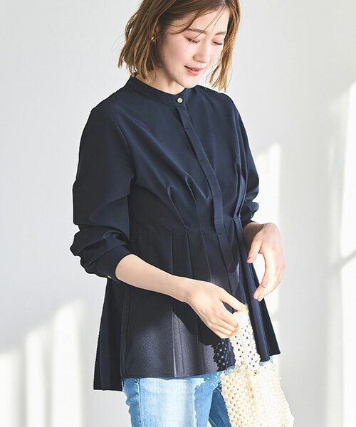 [기간 한정 포인트 10 배] [세탁 / 스트레치] 여성 긴 소매 블라우스 탑스 블라우스 셔츠 비즈니스 정장 엄마 정장 정장 이너 밴드 컬러 앞 열기 사무실 캐주얼 통근 미세스 봄 여성 복장 품위 깨끗한 어른 귀여운 체형 커버 즉