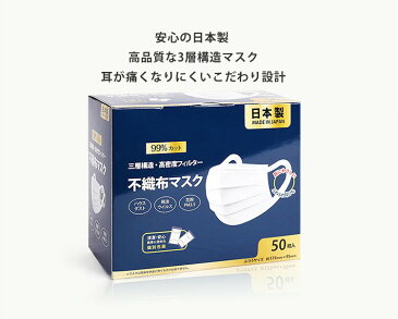 【クーポン利用で2455円】 日本製 マスク 50枚入 個包装 使い捨てマスク 三層構造 男女兼用 ウイルス飛沫 PM2.5 99%カット ウイルス対策 耳痛くない maskjp002