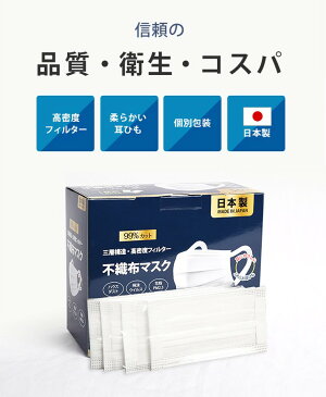 【クーポン利用で2455円】 日本製 マスク 50枚入 個包装 使い捨てマスク 三層構造 男女兼用 ウイルス飛沫 PM2.5 99%カット ウイルス対策 耳痛くない maskjp002