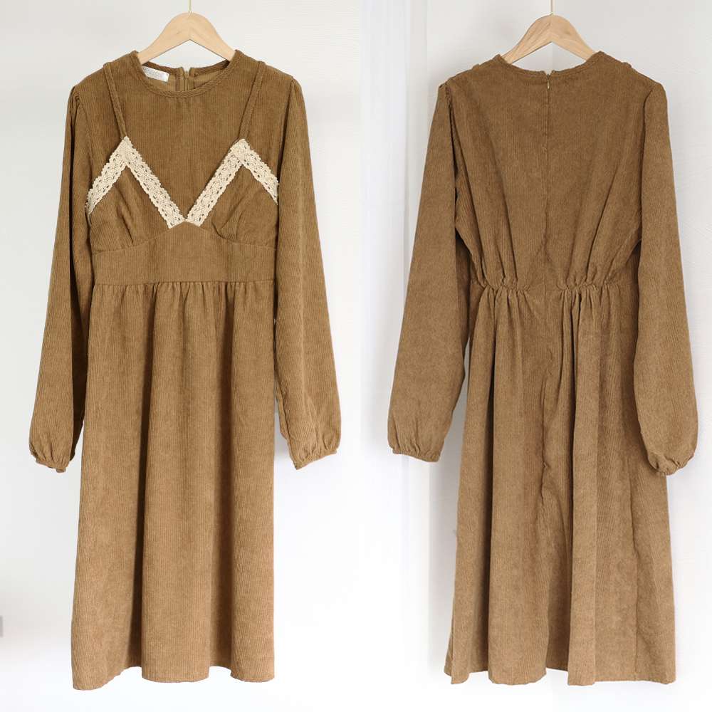 【即納】コーデュロイワンピース レイヤード風秋冬 長袖 体型カバー 大人可愛い かわいい おしゃれ ガーリー きれいめ 秋冬 お出かけ 通勤 オフィス デート 重ね着風 カラー展開 ブラック キャメル