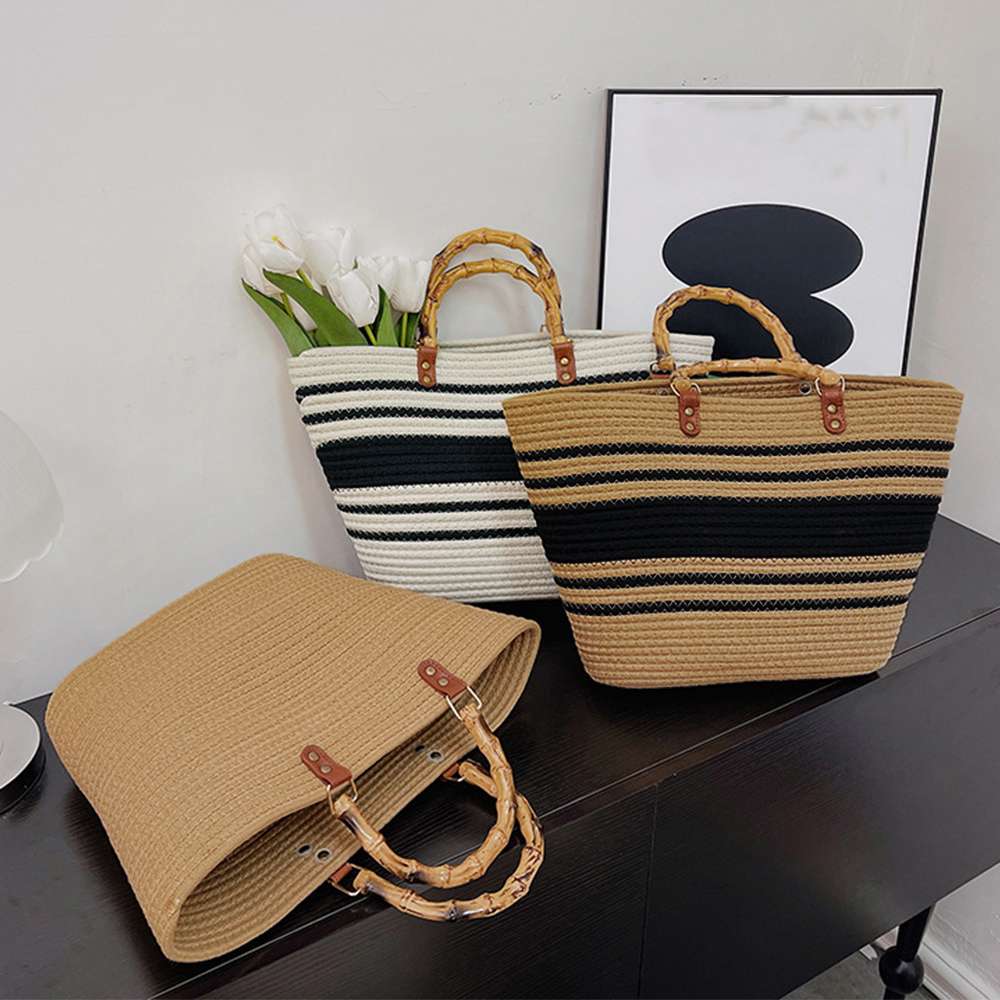 【即納】かごバッグ 大容量トートバッグ配色カバンハンドバッグ 軽い 軽量 a4 無地 ボーダー オフホワイト ブラック ベージュ 大人可愛い かわいい フェミニン 旅行 レディースバッグ 鞄 カバン