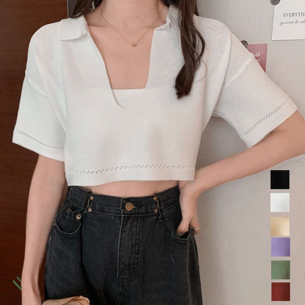 【即納】サマーニット へそ出し 半袖 襟付き ショート丈 クロップド丈 無地 キーネック Vネック 細見え シンプル ベーシック カジュアル かわいい おしゃれ 着回し こなれ感 春夏 お出かけ 女子会 デート トレンド ホワイト ブラック ベージュ ブラウン パープル カーキ