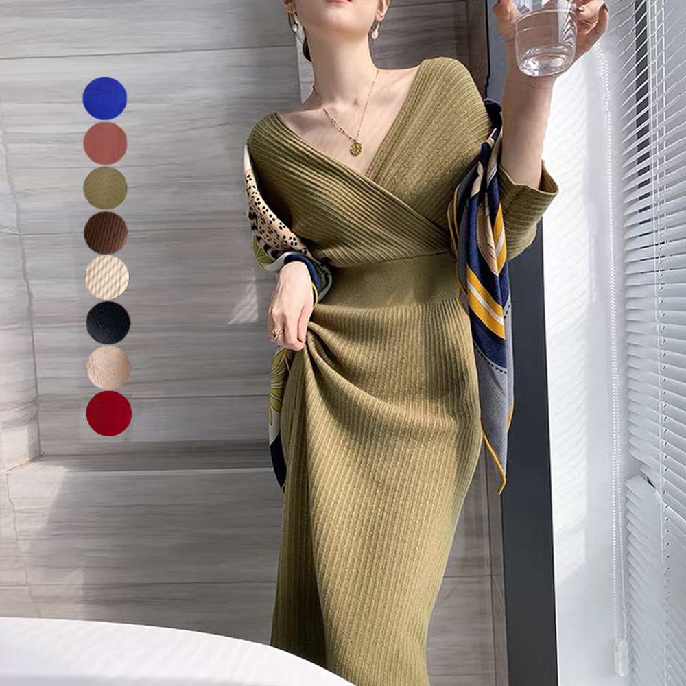 【即納】カシュクールニットワンピース 韓国風 ミモレ丈 Vネック Xライン シンプル ベーシック ベーシック 大人可愛い かわいい おしゃれ カジュアル フェミニン ガーリー 秋冬 お出かけ