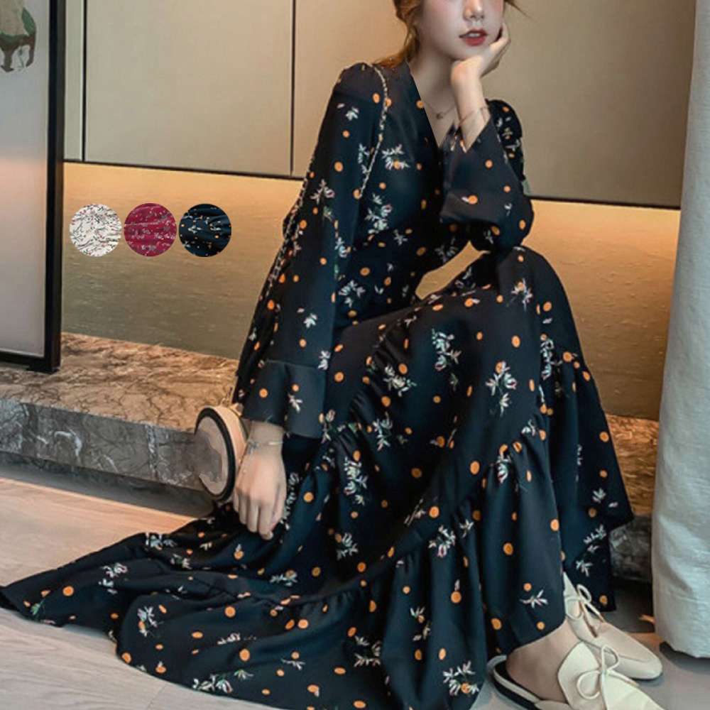 【即納】ティアードワンピース 長袖 ロングワンピ Aライン 体型カバー ゆったり シンプル ベーシック ベーシック 大人可愛い かわいい おしゃれ カジュアル フェミニン ガーリー お出かけ カラー展開 ブラック アイボリー ワインレッド