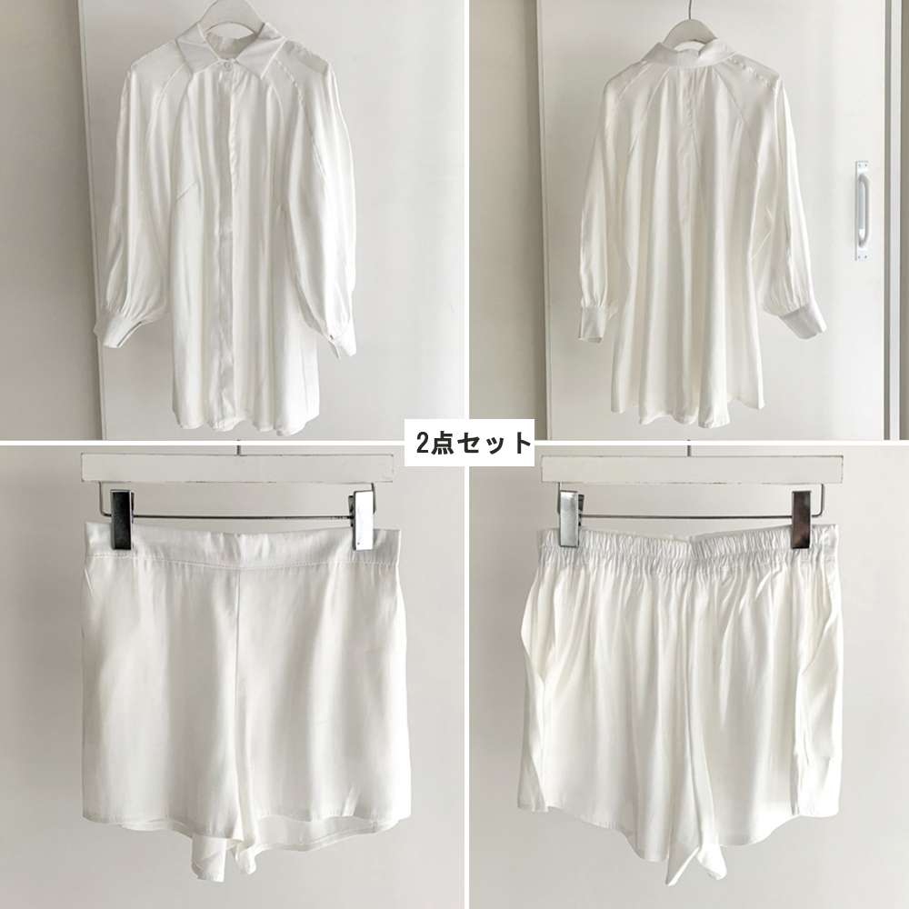 【即納】セットアップ レディース 春夏 シャツ 体型カバー ゆったり シンプル ベーシック ベーシック 大人可愛い かわいい おしゃれ フェミニン ガーリー カラー展開 ホワイト ブラック クリーム ブルーグレー