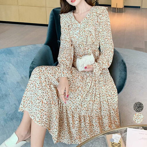 【即納】ティアードワンピース 花柄ワンピース韓国 長袖 花柄 大人可愛い かわいい おしゃれ フェミニン ガーリー 春夏 秋冬 通勤 オフィス デート カラー展開 ブラック ベージュ 【即納】ティアードワンピース 花柄ワンピース韓国 長袖 花柄 大人可愛い かわいい おしゃれ フェミニン ガーリー 春夏 秋冬 通勤 オフィス デート カラー展開 ブラック ベージュ