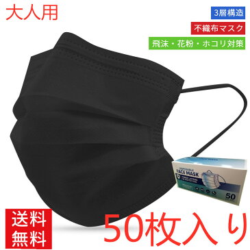 【送料無料/佐川】10日以内発送予定 50枚プリーツマスク3層構造 不織布 高密度フィルター 飛沫・花粉・ほこり 使い捨て 口元快適 呼吸がラク 買い物 出勤 お出かけ安心 ふつうサイズ 男女兼用 ブラック