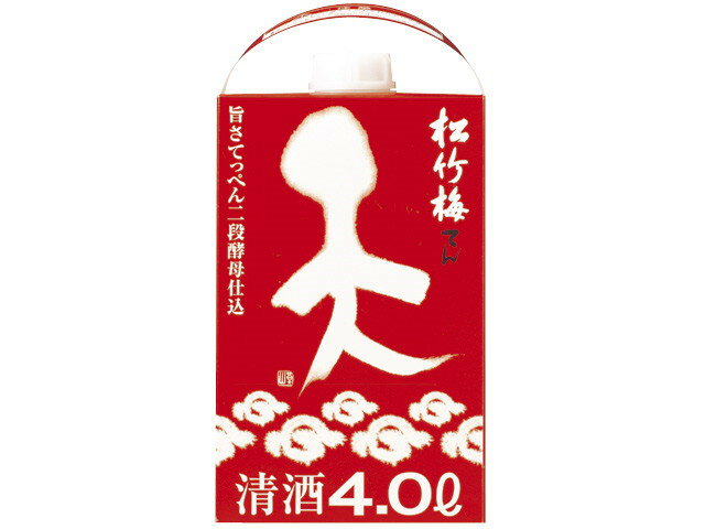 　 商品説明 原材料 米、米こうじ、醸造アルコール、糖類、酸味料 内容量 4000ml アルコール度数 13度 保存方法 直射日光を避け常温で保管ください 商品特徴 「松竹梅　天」はコクがあってすっきりとした味わいが特徴で、燗でも冷やでもお楽しみいただけます。 製造者 宝酒造株式会社 〒612-8061 京都市伏見区竹中町609番地