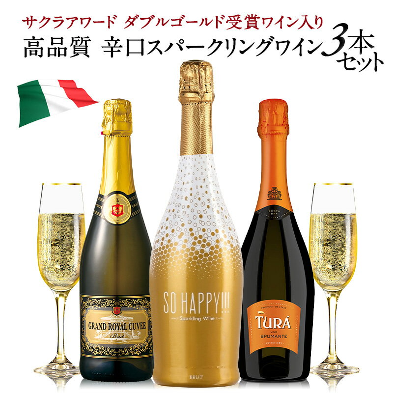 高品質 辛口スパークリングワイン 3本 飲み比べセット イタリア産 サクラアワード ダブルゴールド 金賞入り［常温］【3～4営業日以内に出荷】【送料無料】[W]