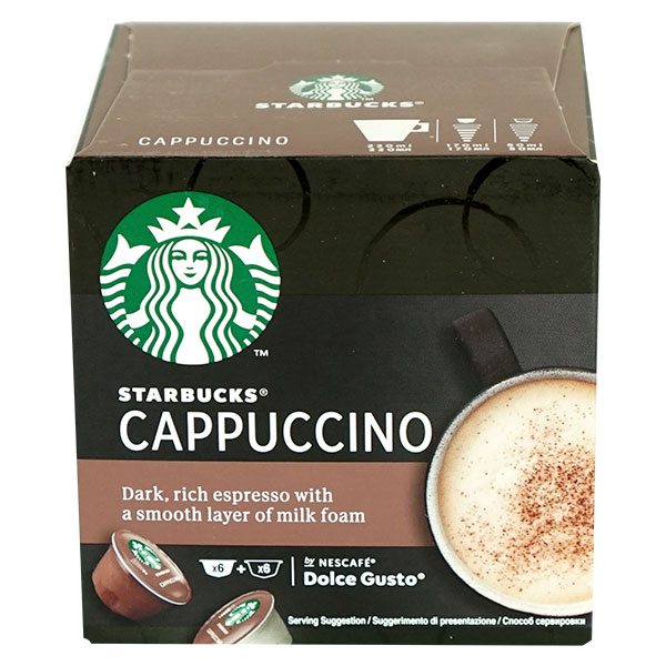 ＜＜ ITEM INFORMATION ＞＞ 商品名 並行輸入品 ネスカフェ ドルチェグスト 専用カプセル スターバックス カプチーノ CAPPUCCINO 商品詳細 カプセルはネスカフェ ドルチェグスト システム専用です スターバックス?カプチーノからインスピレーションを得て造られたとっておきのカプチーノ。 バランスが良く、リッチで美味しく親しみやすい味わいをご自宅のネスカフェ?ドルチェグスト?マシンでお楽しみください。 原材料 コーヒーカプセル：コーヒー豆 ミルクカプセル：加工粉乳（生乳、脱脂粉乳、バターオイル）、砂糖 アレルゲン：乳、大豆 内容量 12個入り6杯分 賞味期限 2022.04.30 保存方法 高温多湿を避けて、冷暗所に保存してください。 原産国 イギリス 輸入者 阪神酒販株式会社 兵庫県神戸市兵庫区吉田町2-13-6 出荷日/着日 配送方法 常温のみ 同梱包 ※ネスカフェ ドルチェグスト 専用カプセルシリーズとの同梱は可能 備考 ※写真はイメージです。実際にお届けの商品は形状やパッケージが異なる場合があります。