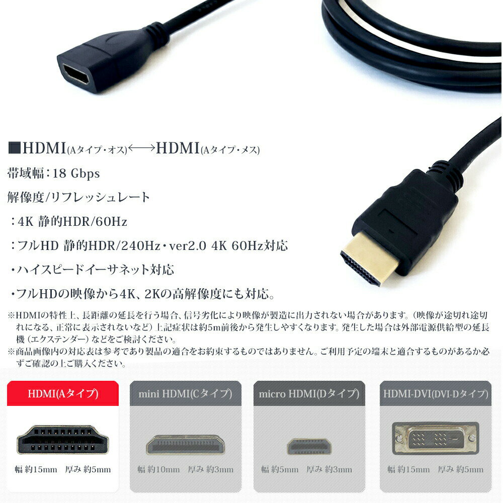 HDMI 延長 ケーブル 2m HDMI延長コード HDMI2.0 4K 60Hz hdmi延長ケーブル オス-メス A-Aタイプ メール便【送料無料】(宅配便の場合もあります) 2[XCA224] 2