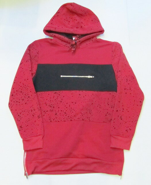 AS66)VICTORIOUSペイント柄プルオーバーパーカー丈長(JK741)赤★US購入B系HIPHOPカジュアルストリートセレブ【送料無料】