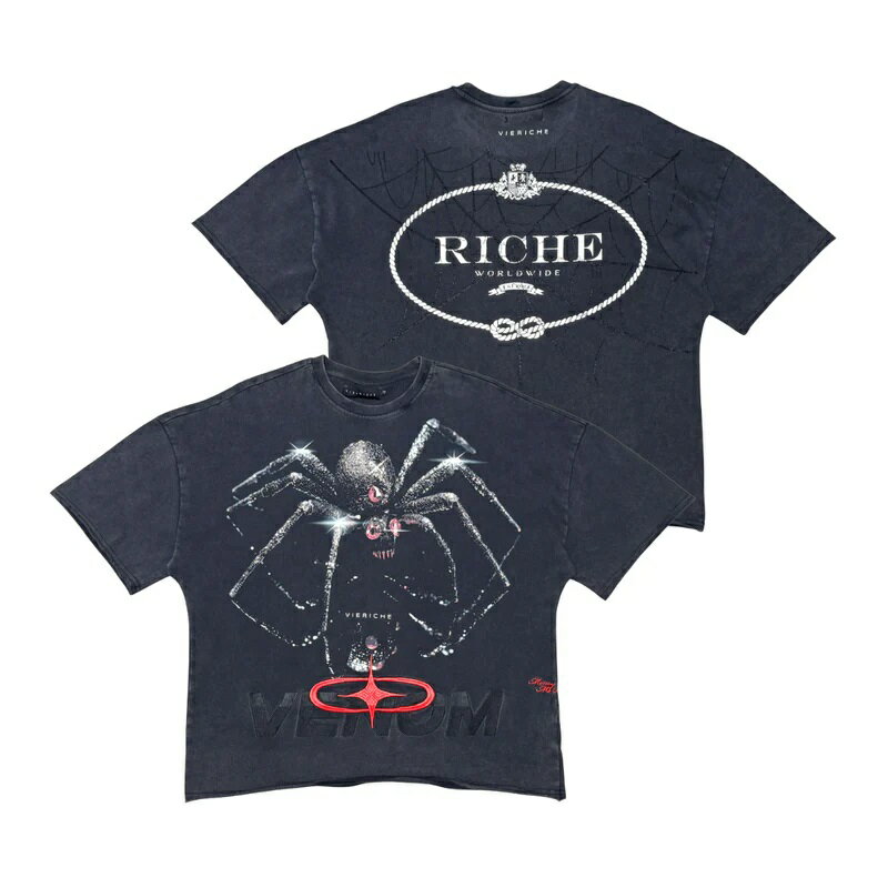VIE RICHE ARACHNOPHOBIA ショート丈 Tシャツ ストーン付 ヴィンテージ加工 /VR1512/M/L/XL/2XL/3XL/USサイズ/HIPHOP/B系/大きいサイズ/BK83
