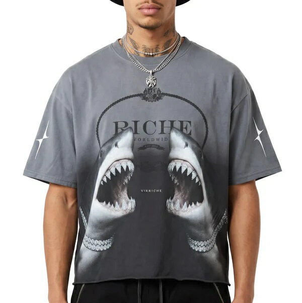 Rakuten - VIE RICHE GRILLED SHARK ショート丈 Tシャツ ヴィンテージ加工 ストーン付/VR2007/S/M/L/XL/2XL/3XL/USサイズ/HIPHOP/B系/BK87