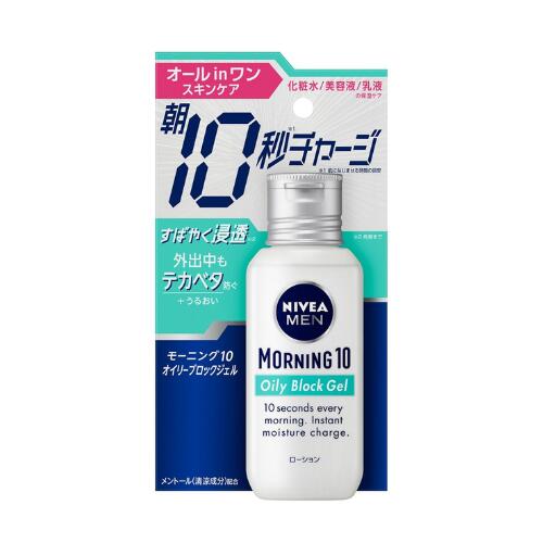 販売名(薬事販売名)ニベアメンモーニング10オイリーブロックジェル成分・素材成分：水、エタノール、BG、ジメチコン、グリセリン、シリカ、ヒドロキシプロピルシクロデキストリン、PEG／PPG／ポリブチレングリコール-8／5／3グリセリン、アルギニン、ホホバ種子油、ポリクオタニウム-51、タウリン、加水分解ヒアルロン酸、ラウロイルグルタミン酸ジ（フィトステリル／オクチルドデシル）、セテス-10、オクチルドデカノール、メントール、（アクリレーツ／アクリル酸アルキル（C10-30））クロスポリマー、カルボマー、キサンタンガム、フェノキシエタノール、EDTA-2Na、水酸化Na、メチルパラベン、香料使用方法使い方〇ヒゲ剃り後や洗顔後に、適量を手にとり、顔全体によくなじませてください。使用上の注意ご注意　●メントールの冷感刺激に弱い方、アルコール過敏症の方、特に肌の弱い方、乳幼児は使わないでください。●傷、はれもの、湿疹等の異常があるところには使わないでください。●お肌に異常が生じていないかよく注意してご使用ください。肌に合わない時や、使用中、赤み、はれ、かゆみ、刺激、色抜け（白斑等）や黒ずみ等の異常が出た時、また日光があたって同じような異常が出た時は使用を中止し、皮フ科医へ相談してください。使い続けると症状が悪化することがあります。●目に入らないよう注意し、入った時は、すぐに充分洗い流してください。●子供や認知症の方などの誤飲等を防ぐため、置き場所にご注意ください。包装容器の材質プラフィルム紙台紙原産地Made in Japan販売名(薬事販売名)容量梱内容サイズ（mm）梱包箱ITFコードニベアメンモーニング10オイリーブロックジェル100ml2435×90×17014901301395228広告文責光株式会社　075-415-2304