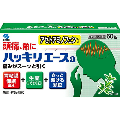 ハッキリエースa【小林製薬】 ●生薬鎮痛成分(シャクヤクエキス)を配合した頭痛薬。 ●胃粘膜保護成分を配合した胃にやさしい頭痛薬。 ●早く溶けるさわやかな緑の顆粒。 ●非アスピリン製剤で眠くなる成分は配合していません。 内容量 60包 効能・効果 頭痛、歯痛、抜歯後の疼痛、咽喉痛、耳痛、関節痛、神経痛、腰痛、筋肉痛、肩こり痛、打撲痛、骨折痛、ねんざ痛、月経痛(生理痛)、外傷痛の鎮痛、悪寒、発熱時の解熱 使用上の注意 ●してはいけないこと （守らないと現在の症状が悪化したり、副作用・事故が起こりやすくなる） 1．次の人は服用しないこと （1）本剤または本剤の成分によりアレルギー症状を起こしたことがある人 （2）本剤または他の解熱鎮痛薬、かぜ薬を服用してぜんそくを起こしたことがある人 2．本剤を服用している間は、次のいずれの医薬品も服用しないこと 他の解熱鎮痛薬、かぜ薬、鎮静薬 3．服用前後は飲酒しないこと 4．長期連用しないこと ●相談すること 1．次の人は服用前に医師、歯科医師、薬剤師または登録販売者に相談すること （1）医師または歯科医師の治療を受けている人 （2）妊婦または妊娠していると思われる人 （3）水痘（水ぼうそう）もしくはインフルエンザにかかっているまたはその疑いのある乳・幼・小児（15才未満） （4）高齢者 （5）薬などによりアレルギー症状を起こしたことがある人 （6）次の診断を受けた人：心臓病、腎臓病、肝臓病、胃・十二指腸潰瘍 2．服用後、右記の症状があらわれた場合は副作用の可能性があるので、直ちに服用を中止し、この文書を持って医師、薬剤師または登録販売者に相談すること 関係部位・・・症状 皮ふ・・・発疹・発赤、かゆみ 消化器・・・吐き気・嘔吐、食欲不振 精神神経系・・・めまい その他・・・過度の体温低下 まれに下記の重篤な症状が起こることがある。その場合は直ちに医師の診療を受けること 症状の名称・・・症状 ショック（アナフィラキシー）・・・服用後すぐに、皮ふのかゆみ、じんましん、声のかすれ、くしゃみ、のどのかゆみ、息苦しさ、動悸、意識の混濁などがあらわれる 皮ふ粘膜眼症候群 (スティーブンス・ジョンソン症候群)、 中毒性表皮壊死融解症 急性汎発性発疹性膿疱症・・・高熱、目の充血、目やに、唇のただれ、のどの痛み、皮ふの広範囲の発疹・発赤、赤くなった皮ふ上に小さなブツブツ(小膿疱)が出る、全身がだるい、食欲がないなどが持続したり、急激に悪化する 肝機能障害・・・発熱、かゆみ、発疹、黄だん(皮ふや白目が黄色くなる) 、褐色尿、全身のだるさ、食欲不振などがあらわれる 腎障害・・・発熱、発疹、尿量の減少、全身のむくみ、全身のだるさ、関節痛（節々が痛む）、下痢などがあらわれる 間質性肺炎・・・階段を上ったり、少し無理をしたりすると息切れがする・息苦しくなる、空せき、発熱などがみられ、これらが急にあらわれたり、持続したりする ぜんそく・・・息をするときゼーゼー、ヒューヒューと鳴る、息苦しいなどがあらわれる 3．5〜6回服用しても症状がよくならない場合は服用を中止し、この文書を持って医師、歯科医師、薬剤師または登録販売者に相談すること 成分・分量 1日量（3包：2352mg中） 有効成分・・・分量・・・作用 アセトアミノフェン・・・690mg・・・鎮痛、解熱作用 エテンザミド・・・690mg・・・鎮痛、解熱作用 カフェイン水和物・・・225mg・・・鎮痛補助作用 シャクヤクエキス(原生薬換算量600mg)・・・150mg・・・鎮痛作用 メタケイ酸アルミン酸マグネシウム・・・450mg・・・胃粘膜保護作用 添加物として、カンゾウエキス末、l-メントール、乳糖、銅クロロフィリンNa、CMC-Ca、ヒドロキシプロピルセルロースを含有する 用法・用量 次の量を1日3回を限度とし、なるべく空腹時をさけて水またはお湯で服用し、服用間隔は4時間以上おいてください 年齢・・・1回量・・・1日服用回数 大人（15才以上）・・・1包・・・3回まで 11才以上15才未満・・・2/3包・・・3回まで 11才未満・・・服用しない 用法・用量に関する注意 （1）定められた用法・用量を厳守すること （2）小児に服用させる場合には、保護者の指導監督のもとに服用させること （3）11才未満の小児には服用させないこと 保管及び取扱い上の注意 （1）直射日光の当たらない湿気の少ない涼しいところに保管すること （2）小児の手の届かないところに保管すること （3）他の容器に入れ替えないこと（誤用の原因になったり品質が変わる） （4）1包を分割して服用する場合、残った薬剤は袋の口を折り返して保管すること また、保管した残りの薬剤は、その日のうちに服用するか捨てること 使用期限 使用期限まで180日以上あるものをお送りします。 製造販売元 小林製薬株式会社 〒567-0057大阪府茨木市豊川1-30-3 06-6203-1951 広告文責 多賀城ファーマシー株式会社 薬剤師：根本一郎 TEL：022-362-1675 原産国 日本 リスク区分 第(2)類医薬品 ※パッケージデザイン・内容量等は予告なく変更されることがあります。 ■この商品は医薬品です。用法・用量を守り、正しくご使用下さい。 医薬品販売に関する記載事項（必須記載事項）はこちら