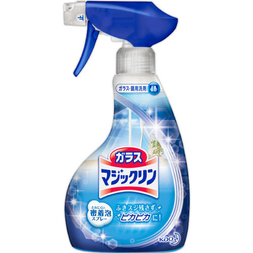 ■ガラスマジックリン 本体 400ml【花王】 たれにくい密着泡スプレーで、スッキリ汚れを落とします。2度ぶきいらず。 ホコリなどでくすんだ窓ガラス、手アカなどでくもった洗面台の鏡など、ふきスジ残さずピカピカに。 内容量 400ml 用途・使い方 ＜ガラス類＞ 窓・鏡・ガラスケース・自動車の窓ガラス等に ＜その他＞ スチール・ビニール・プラスチック・ホーロー製品に 使えないもの ●水がしみこむ白木や家具、壁材等 ●ラッカー等の塗装面、自動車の塗装面 ●液晶・プラズマディスプレイの画面 使用量の目安 1平方メートルに対して約6回噴射（5ml） 成分 界面活性剤（0.4％ アルケニルコハク酸カリウム塩）、泡調整剤 液性：弱アルカリ性 使用上の注意 ●用途外に使わない。 ●子供の手の届く所に置かない。 ●認知症の方などの誤飲を防ぐため、置き場所に注意する。 ●必ず「止」で保管する。 ●「止」にしたままスプレーしない。 ●目より高い所は、スポンジや布につけてふく。 ●換気をよくして使う。 ●使用後は手をよく水で洗う。 ●荒れ性の方や長時間使用する場合、炊事用手袋を使う。 製造販売元 花王株式会社 〒103-0025 東京都中央区日本橋茅場町一丁目14番10号 「生活者コミュニケーションセンター 消費者相談室」 電話番号：0120-165-693 受付時間：9：00〜17：00(土曜・日曜・祝日を除く) 広告文責 多賀城ファーマシー 株式会社 薬剤師：根本 一郎 TEL. 022-362-1675 原産国 日本 区分 掃除用品 ※パッケージデザイン・内容量等は予告なく変更されることがあります。