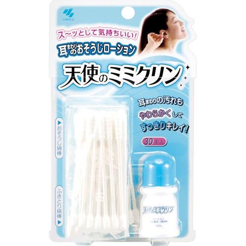 ■天使のミミクリン【小林製薬】 ●耳まわりのそうじのために設計された綿棒と清浄ローションが、とれにくい汚れをしっかりとって、すっきりさせる耳そうじキットです。 ●天使のミミクリン ローションの特徴 ・清浄剤を配合。耳まわりの汚れ、耳アカをやわらかくし、とりやすくします。 ・スーッとした清涼感のある気持ちよい使い心地です。耳がすっきりします。 ・速乾性に優れ、べたつきません。 ・保湿剤配合でデリケートな耳の皮膚をやさしくいたわります。 ●天使のミミクリン 綿棒の特徴 ・おそうじ綿棒 適度な凹凸が、耳のまわりの汚れ、耳アカを取り残さず、きれいにそうじします。 ・ふきとり綿棒 ふんわりとした柔らかな綿が、汚れやローションをやさしくふきとります。 内容量 10mL+30本入 使用方法 (1)おそうじ綿棒をローションに浸して下さい。 (2)おそうじ綿棒で耳まわりをそうじしてください。 ※ふきとり綿棒はローションに浸さないで下さい。 (3)ふきとり綿棒できれいにふきとってください。 ※耳の表面から見える範囲にして下さい。 ※耳以外の清浄にも使えます。 ※本品の綿棒以外の市販の綿棒とローションを一緒に使わないで下さい。 成分 水、エタノール、グリセリン、メントール、フェノールスルホン酸亜鉛、ベンザルコニウムクロリド、ラウリルベタイン、ポリソルベート80、香料 注意事項 ・肌に合わない時、すなわち次のような場合には、使用を中止すること。そのまま使用を続けると症状を悪化させることがあるので、皮膚科医などに相談すること。 (1)使用中、赤み・はれ・かゆみ・刺激などの異常があらわれた場合 (2)使用したお肌に、直射日光が当たって上記のような異常が現れた場合 ・傷やはれもの、発疹など、異常のある部位には使用しないこと。 ・目に入った時は、直ちに洗い流すこと。 ・小児に使用する場合は特に注意すること。 保管及び取り扱い上の注意 ・使用後は必ずしっかりふたをしめること。 ・乳幼児の手の届かないところに保管すること。 ・極端に高温または低温の場所、直射日光の当たる場所には保管しないこと。 ・可燃性であるので、保管及び取扱いにあたっては火気に充分注意すること。 原産国 日本 発売元 小林製薬 広告文責 多賀城ファーマシー株式会社 TEL：022-362-1675 区分 雑貨 ※パッケージデザイン・内容量等は予告なく変更されることがあります。