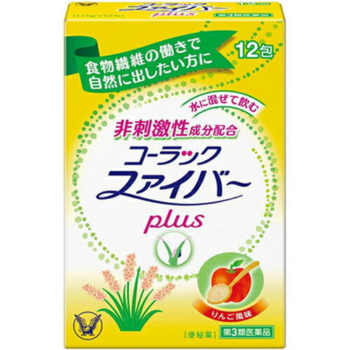 コーラックファイバープラス 12包【大正製薬】 ◆コーラックファイバーplusは、腸に集めた水と膨らんだ食物繊維が便のカサを増やします。 　自然に近い便意でふっくらスムーズなお通じを促します。 ◆プランタゴ・オバタ種皮末：膨らんだ食物繊維が便のカサを増して、自然に近い便意を呼び起こします。 ◆水酸化マグネシウム：腸に水を集めて便を柔らかくします。 内容量 12包 効能・効果 ○便秘 ○便秘に伴う次の症状の緩和：頭重、のぼせ、肌あれ、吹出物、食欲不振（食欲減退）、腹部膨満、腸内異常発酵、痔 使用上の注意 ●してはいけないこと （守らないと現在の症状が悪化したり、副作用が起こりやすくなります） 1．本剤を使用している間は、次の医薬品を服用しないでください 　　　他の瀉下薬（下剤） ●相談すること 1．次の人は服用前に医師、薬剤師又は登録販売者に相談してください。 　　（1）医師の治療を受けている人。 　　（2）妊婦又は妊娠していると思われる人。 　　（3）次の症状のある人。 　　　　はげしい腹痛、吐き気・嘔吐 　　（4）次の診断を受けた人。 　　　　腎臓病 2．服用後、次の症状があらわれた場合は副作用の可能性があるので、直ちに服用を中止し、この説明書を持って医師、薬剤師又は登録販売者に相談してください 　[関係部位：症状] 消化器：はげしい腹痛、吐き気、嘔吐 3．服用後、次の症状があらわれることがあるので、このような症状の持続又は増強がみられた場合には、服用を中止し、この説明書を持って医師、薬剤師又は登録販売者に相談してください 　　　下痢 4．1週間位服用しても症状がよくならない場合は服用を中止し、この説明書を持って医師、薬剤師又は登録販売者に相談してください 成分・分量 1包（1.75g）中 プランタゴ・オバタ種皮末・・・700mg 水酸化マグネシウム・・・210mg 添加物：ヒドロキシプロピルセルロース、クエン酸、ビタミンC、アスパルテーム（L-フェニルアラニン化合物）、アセスルファムK、無水ケイ酸、香料 用法・用量 次の量をコップ1杯の水又は、お湯に加え、よくかきまぜ直ちに服用してください。 1日3回食前（又は食間あるいは食後）ただし、初回は最小量を用い、便通の具合や状態をみながら少しずつ増量又は減量してください。 [年令：1回量：服用回数] 15才以上：1~2包：1日3回 11才~14才：2／3~4／3包：1日3回 7才~10才：1／2~1包：1日3回 3才~6才：1／3~2／3包：1日3回 3才未満：服用しないこと ＜用法関連注意＞ （1）定められた用法・用量を厳守してください。 （2）そのまま直接飲まないでください。必ず水又はお湯に加え、よくかきまぜて服用してください。 （3）小児に服用させる場合には、保護者の指導監督のもとに服用させてください。 保管及び取扱い上の注意 （1）直射日光の当たらない湿気の少ない涼しいところに保管してください。 （2）小児の手の届かない所に保管してください。 （3）他の容器に入れ替えないでください。（誤用の原因になったり品質が変わることがあります） （4）1包を分割した残りを服用する場合は、袋の口を折り返して保管し、なるべくはやく服用してください。 （5）使用期限を過ぎた製品は服用しないでください。 使用期限 使用期限まで180日以上あるものをお送りします。 製造販売元 発売元 大正製薬株式会社 東京都豊島区高田3丁目24番1号 【お客様119番室】 電話：03-3985-1800 受付時間：8：30-21：00(土、日、祝日を除く) 製造販売元 新新薬品工業株式会社 930-2221 富山市今市324番地 広告文責 多賀城ファーマシー 株式会社 薬剤師：根本一郎 TEL：022-362-1675 原産国 日本 リスク区分 第3類医薬品 ※パッケージデザイン・内容量等は予告なく変更されることがあります。 ■この商品は医薬品です。用法・用量を守り、正しくご使用下さい。 医薬品販売に関する記載事項（必須記載事項）はこちら