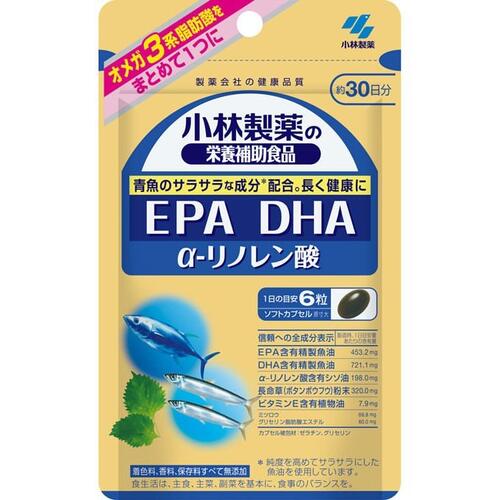 ■小林製薬 栄養補助食品 DHA EPA α-リノレン酸【小林製薬】 ●「DHA・EPA」や「α-リノレン酸」に「長命草」を配合したサプリメントです。 ●着色料、香料、保存料すべて無添加 内容量 180粒 召し上がり方 ・栄養補助食品として1日6粒を目安に、かまずに水またはお湯とともにお召し上がりください。 ・短期間に大量に摂ることは避けてください。 原材料 ゼラチン、DHA含有精製魚油、EPA含有精製魚油、ボタンボウフウ粉末、シソ油、サフラワー油／グリセリン、ミツロウ、グリセリン脂肪酸エステル、ビタミンE 栄養成分 ★1日目安量(6粒)あたり エネルギー・・・19kcaL たんぱく質・・・0.87g 脂質・・・1.5g -n-3系脂肪酸・・・0.72g 炭水化物・・・0.43g 食塩相当量・・・0〜0.0088g ビタミンE・・・0.36〜3.6mg EPA・・・156.0mg DHA・・・344.0mg α-リノレン酸・・・109.0mg 注意事項 ・乳幼児・小児の手の届かないところに置いてください。 ・薬を服用中、通院中又は妊娠・授乳中の方は医師にご相談ください。 ・食品アレルギーの方は全成分表示をご確認の上、お召し上がりください。 ・体質体調により、まれに体に合わない場合(発疹、胃部不快感など)があります。その際はご使用を中止ください。 ・カプセル同士がくっつく場合や、天然由来の原料を使用のため色等が変化することがありますが、品質に問題はありません。 ・開封後は湿気らないようにチャックを端からしっかり閉めて、お早めにお召し上がりください。 ・食生活は、主食、主菜、副菜を基本に、食事のバランスを。 発売元 小林製薬 541-0045 大阪府大阪市中央区道修町4-4-10 健康食品・サプリメント：0120-5884-02 受付時間 10：00-17：00(土・日・祝日を除く) 広告文責 多賀城ファーマシー株式会社 TEL：022-362-1675 原産国 日本 区分 栄養補助食品 ※パッケージデザイン・内容量等は予告なく変更されることがあります。