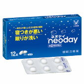 ●多忙な毎日を送る現代人の中には、ストレスなどによって眠れない日々に悩んでいる方は少なくありません。 ●ネオデイは、抗ヒスタミン剤：ジフェンヒドラミン塩酸塩を配合した一般用医薬品の睡眠改善薬です。 ●寝つきが悪い、眠りが浅いといった一時的な不眠症状の緩和に効果をあらわします。 ●直径7mmの服用しやすい小型のフィルムコーティング錠です。【効能 効果】 ・一時的な不眠の次の症状の緩和：寝つきが悪い、眠りが浅い【用法 用量】 ・寝つきが悪い時や眠りが浅い時、下記の1回の量を、1日1回就寝前に水又はぬるま湯で服用してください。 (年令・・・1回量) 15才以上・・・2錠 15才未満・・・服用しないこと ★用法・用量に関連する注意 ・定められた用法・用量を厳守してください。 ・就寝前以外は服用しないでください。【成分】 (2錠中) ジフェンヒドラミン塩酸塩・・・50mg 添加物：乳糖、ヒドロキシプロピルセルロース、無水ケイ酸、クロスカルメロースNa、ステアリン酸Mg、ヒプロメロース、白糖、酸化チタン、カルナウバロウ【注意事項】 ★使用上の注意 ＜してはいけないこと＞ (守らないと現在の症状が悪化したり、副作用・事故が起こりやすくなります) ・次の人は服用しないでください (1)妊婦又は妊娠していると思われる人。 (2)15歳未満の小児。 (3)日常的に不眠の人。 (4)不眠症の診断を受けた人。 ・本剤を服用している間は、次のいずれの医薬品も使用しないでください 他の催眠鎮静薬、かぜ薬、解熱鎮痛薬、鎮咳去痰薬、抗ヒスタミン剤を含有する内服薬等(鼻炎用内服薬、乗物酔い薬、アレルギー用薬等) ・服用後、乗物又は機械類の運転操作をしないでください(眠気をもよおして事故を起こすことがあります。また、本剤の服用により、翌日まで眠気が続いたり、だるさを感じる場合は、これらの症状が消えるまで、乗物又は機械類の運転操作をしないでください。) ・授乳中の人は本剤を服用しないか、本剤を服用する場合は授乳を避けてください ・服用前後は飲酒しないでください ・寝つきが悪い時や眠りが浅い時のみの服用にとどめ、連用しないでください ＜相談すること＞ ・次の人は服用前に医師、薬剤師又は登録販売者に相談してください (1)医師の治療を受けている人。 (2)高齢者。 (3)薬などによりアレルギー症状を起こしたことがある人。 (4)次の症状のある人。 排尿困難 (5)次の診断を受けた人。 緑内障、前立腺肥大 ・服用後、次の症状があらわれた場合は副作用の可能性があるので、直ちに服用を中止し、製品の説明書を持って医師、薬剤師又は登録販売者に相談してください 皮膚・・・発疹・発赤、かゆみ 消化器・・・胃痛、吐き気・嘔吐、食欲不振 精神神経系・・・めまい、頭痛、起床時の頭重感、昼間の眠気、気分不快、神経過敏、一時的な意識障害(注意力の低下、ねぼけ様症状、判断力の低下、言動の異常など) その他・・・動悸、倦怠感、排尿困難 ・服用後、口のかわき、下痢の症状があらわれることがあるので、このような症状の持続又は増強がみられた場合には、服用を中止し、製品の説明書を持って医師、薬剤師又は登録販売者に相談してください ・2〜3回服用しても症状がよくならない場合は服用を中止し、製品の説明書を持って医師、薬剤師又は登録販売者に相談してください ＜その他の注意＞ ・翌日まで眠気が続いたり、だるさを感じることがあります。 ★保管及び取扱い上の注意 ・直射日光の当たらない湿気の少ない涼しい所に保管してください。 ・小児の手の届かない所に保管してください。 ・他の容器に入れ替えないでください。(誤用の原因になったり品質が変わることがあります) ・使用期限を過ぎた製品は服用しないでください。なお、使用期限内であっても、開封後はなるべく早く服用してください。(品質保持のため) 【発売元、製造元、輸入元又は販売元】 大正製薬 170-8633 東京都豊島区高田3丁目24番1号 03-3985-1800 ■使用期限 医薬品につきましては使用期限まで1年以上あるものをお送りします ■広告文責 株式会社ヤナガワ薬局　Tel:045-945-1333 医薬販売に関する記載事項はこちら一時的な不眠による次の症状の緩和：寝つきが悪い、眠りが浅い ●多忙な毎日を送る現代人の中には、ストレスなどによって眠れない日々に悩んでいる方は少なくありません。 ●ネオデイは、抗ヒスタミン剤：ジフェンヒドラミン塩酸塩を配合した一般用医薬品の睡眠改善薬です。 ●寝つきが悪い、眠りが浅いといった一時的な不眠症状の緩和に効果をあらわします。 ●直径7mmの服用しやすい小型のフィルムコーティング錠です。