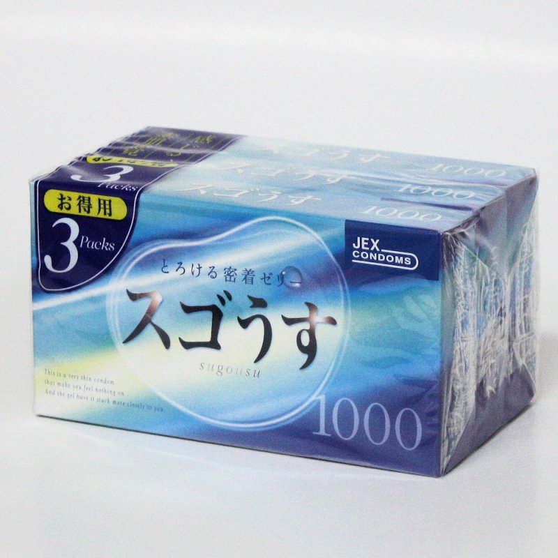 コンドーム（スキン)合算　5.000円以上のお買い上げで 　全国送料無料です。（ご注文時に　訂正処理いたします） 宅配便にて配達！ お届け時間の指定や　営業所・局留め　もOKです。 　（佐川急便・クロネコヤマト・ゆうパック　但し　沖縄・離島の方は　エクスパック500　使用します。) 中身は3重包装にして　中身の見えない箱または　厚めの袋にてお届けします。（写真3） 品名は　サプリメント、雑貨品等　買い物かご上のチェックボックスから選んでください。 （他の品名ご希望の場合は　ご注文時に　コメントにご記入ください） 商品説明 「スゴうす 1000 12個入り×3箱(コンドーム)」は、すぐれたフィット感のラッテクス製の薄型コンドームです。 うすくサラッとした潤滑剤とたっぷりと濃いゼリー剤のダブルゼリー加工だから、スムーズな装着が出来ます。 コンドームの先端を、ゼリーで密着させているから、袋から出したときに裏表がすぐにわかり、 また裏返り防止になっています。グリーンカラー、ナチュラルストレートタイプ。 保存方法 包装に入れたまま、冷暗所に保管してください。また、防虫剤等の揮発性物質と一緒に保管しないでください。 ご注意 ・この商品は、添付文書を必ず読んでからご使用ください。 ・コンドームの適正な使用は、避妊に効果があり、エイズを含む他の多くの性感染症に感染する危険を減少しますが、 100%の効果を保証するものではありません。 ・コンドームの使用は1個につき1回限りです。その都度、新しいコンドームをご使用ください。 　すぐれたフィット感のお得な3個パックです。ダブルゼリー加工、グリーンカラー、ナチュラルストレートタイプ。 サイズ: 3箱 ・ 管理医療機器 医療機器認証(承認)番号:224AKBZX00078000 ・ 素肌感覚でスゴうす ・ 原産国 : 日本 ジェクス株式会社 〒540-0012 大阪市中央区谷町2丁目3番12号マルイト谷町ビル11階 TEL.06-6942-0551 FAX.06-6941-5235 ●　この　カテゴリー一覧は　　をクリック　してください！ ●　スゴうす　ラインナップ　● 　　・スゴうす 1000 12個入 3箱 　　・スゴうす 1000 12個入 3箱×2 　　・スゴうす 1500 12個入 3箱 　　・スゴうす 1500 12個入 3箱×2 　　・スゴうす 2000 12個入 3箱 　　・スゴうす 2000 12個入 3箱×2