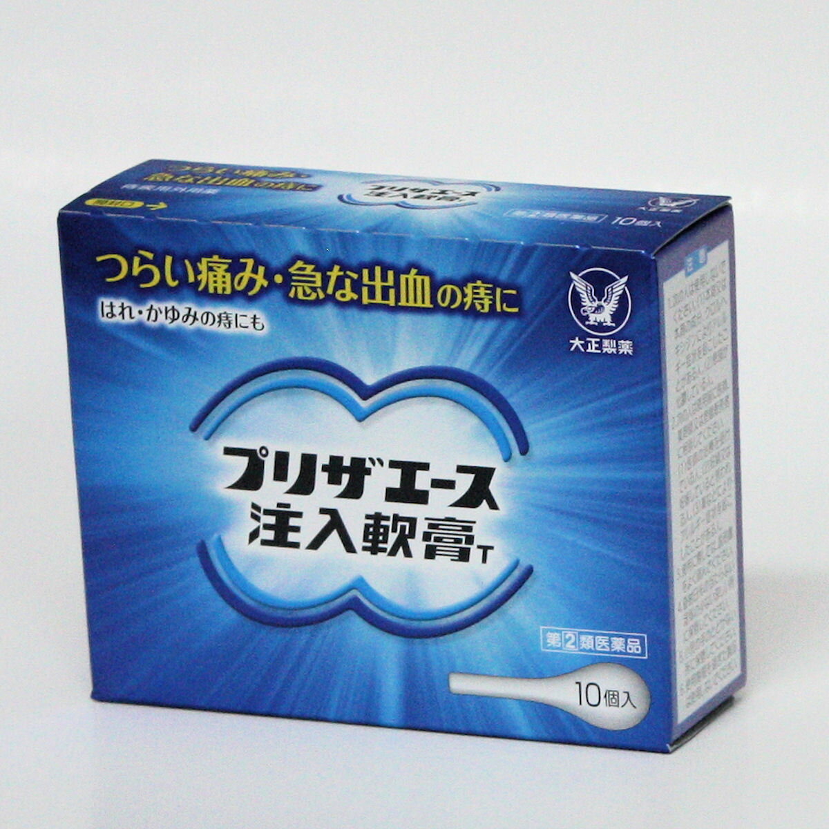 ●　中身が分からない　安心の　3重包装で発送します。 　　（包装紙＋ プチプチ＋紙袋または段ボール　写真　3) ※　ご注意　「メール便」　での発送時は　『箱から取り出し』ます。 プリザエース 坐剤T 10個入り 坐剤T 20個入り 坐剤T 30個入り 坐剤T 30個入り　2箱セット 軟膏 　15g　 注入軟膏T 10個入り プリザ　S 坐剤 10個入り 坐剤 20個入り 坐剤 30個入り 坐剤 30個入り　2箱セット クリーム　 20g このカテゴリー一覧 特徴 ◆プリザエース注入軟膏Tは，つらい痛み・急な出血の痔に，痛みをおさえるリドカイン，出血をおさえる塩酸テトラヒドロゾリン，炎症をおさえるヒドロコルチゾン酢酸エステルなどの有効成分が作用し，すぐれた効果を発揮します。 ◆肛門内側（肛門奥）の痔には注入，肛門外側の痔には塗布と，2通りの使用方法が選べます。患部や薬剤に直接手を触れず，衛生的に注入できます。 ◆スーッとする心地良い使用感です。 使用上の注意 してはいけないこと 1．次の人は使用しないでください 　（1）本剤又は本剤の成分によりアレルギー症状を起こしたことがある人。 　（2）患部が化膿している人。 2．長期連用しないでください 相談すること 1．次の人は使用前に医師，薬剤師又は登録販売者に相談してください 　（1）医師の治療を受けている人。 　（2）妊婦又は妊娠していると思われる人。 　（3）薬などによりアレルギー症状を起こしたことがある人。 2．使用後，次の症状があらわれた場合は副作用の可能性があるので，直ちに使用を中止し，この説明書を持って医師，薬剤師又は登録販売者に相談してください ［関係部位：症状］ 皮膚：発疹・発赤，かゆみ，はれ その他：刺激感，化膿 　まれに次の重篤な症状が起こることがあります。 　その場合は直ちに医師の診療を受けてください。 ［症状の名称：症状］ ショック（アナフィラキシー）：使用後すぐに，皮膚のかゆみ，じんましん，声のかすれ，くしゃみ，のどのかゆみ，息苦しさ，動悸，意識の混濁等があらわれる。 3．10日間位使用しても症状がよくならない場合は使用を中止し，この説明書を持って医師，薬剤師又は登録販売者に相談してください 効能・効果 〔注入時〕きれ痔（さけ痔）・いぼ痔の痛み・出血・はれ・かゆみの緩和。 〔塗布時〕きれ痔（さけ痔）・いぼ痔の痛み・出血・はれ・かゆみの緩和及び消毒 用法・用量 ［注入する場合］ ●容器先端部を肛門部に挿入し，全量を注入してください。 ［年令：1回量：使用回数］ 15才以上：1個：1日1〜3回 15才未満：使用しないこと （1）キャップをとり，すべりを良くするため軟膏を少し出します。 （2）容器先端部を肛門内に挿入し，容器を押して薬剤を注入してください。（押したままの状態で引き抜いてください） ［塗布する場合］ ●次の量を肛門部に塗布してください。なお，一度塗布に使用したものは，注入には使用しないでください。 ［年令：1回量：使用回数］ 15才以上：適量：1日1〜3回 15才未満：使用しないこと キャップをとり，軟膏をそのまま塗るか，ガーゼなどにのばして患部にあててください。 ※軟膏が硬くて出しにくい場合は，手で握ってあたためると軟らかくなります。 ※注入式のため，容器の中に薬剤が少量残りますが，残量を見込んで充填しています。 [用法関連注意] （1）定められた用法・用量を厳守してください。 （2）小児には使用させないでください。 （3）肛門部にのみ使用してください。 （4）肛門内に注入する場合，容器先端部分のみを挿入してください。 成分・分量 　　　　　1個(2g)中 　ヒドロコルチゾン酢酸エステル　5mg　 　塩酸テトラヒドロゾリン　1mg　 　リドカイン　60mg　 　l-メントール　10mg　 　アラントイン　20mg　 　トコフェロール酢酸エステル　60mg　 　クロルヘキシジン塩酸塩　5mg　 [添加物] 流動パラフィン，ミリスチン酸イソプロピル，サラシミツロウ，カルボキシビニルポリマー，オリブ油，ワセリン 保管及び取扱い上の注意 （1）直射日光の当たらない湿気の少ない涼しい所に保管してください。 （2）小児の手のとどかない所に保管してください。 （3）他の容器に入れかえないでください。（誤用の原因になったり品質が変わることがあります） （4）使用期限を過ぎた製品は使用しないでください。なお，使用期限内であっても，開封後はなるべくはやく使用してください。（品質保持のため） （5）使用済みの容器等は，トイレに流さないでください。 広告文責 ドラッグ　キューキュー 075-322-0069　　（連絡先電話番号） 文責：登録販売者　　鈴木俊信 メーカー（製造） 　大正製薬株式会社　 問い合わせ　　お客様119番室 03−3985−1800 8：30〜21：00（土、日、祝日を除く） 区分日本製・第(2)類医薬品 使用期限まで　1年以上あるものをお送りします。